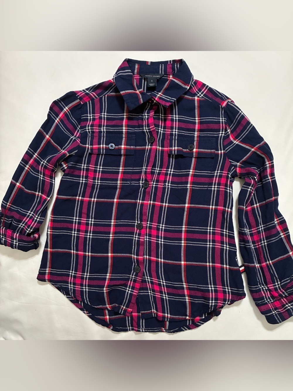 TOMMY HILFIGER Girls Button down shirt Size 6 Plaid 100% Rayon Roll up sleeve